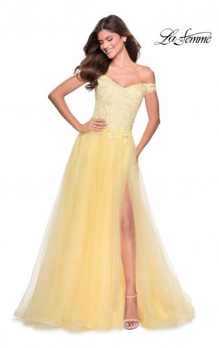Picture of: Off the Shoulder Tulle Gown with Sheer Floral Bodice in Pale Yellow, Style: 28598, Main Picture