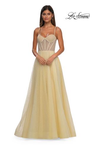 Picture of: Cute A-line Prom Dress with Pearl and Rhinestone Tulle in Pale Yellow, Style: 32644, Detail Picture 8