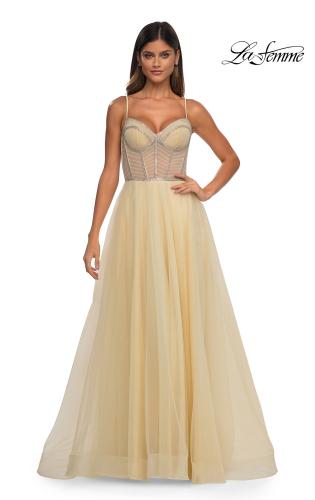 Picture of: Tulle A-line Prom Dress with Rhinestone Detail on Corset Top in Pale Yellow, Style: 32675, Detail Picture 8