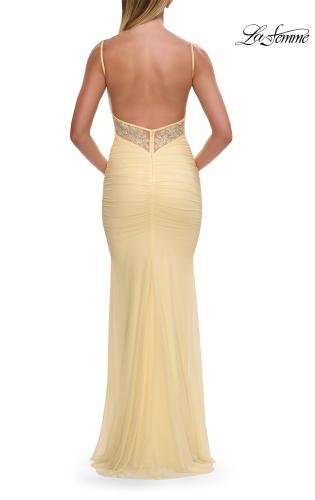 Picture of: Ruched Jersey Gown with Low Rhinestone Detail Back in Pale Yellow, Style: 33560, Detail Picture 8