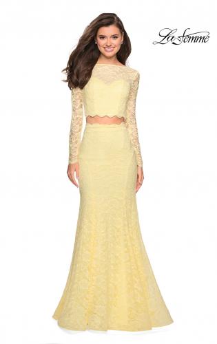 Picture of: Stretch Lace Long Sleeve Two Piece Prom Dress in Pale Yellow, Style: 27601, Detail Picture 9