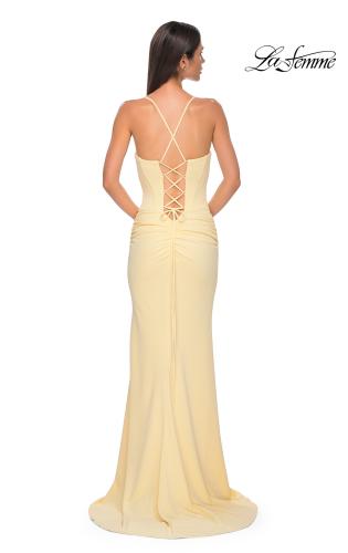 Picture of: Ruched Long Jersey Dress with Draped Rhinestone Neckline in Pale Yellow, Style 32802, Detail Picture 10