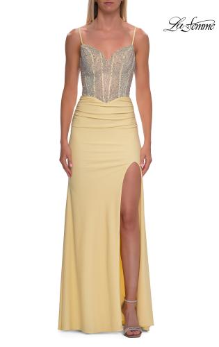 Picture of: Rhinestone Corset Gown with Slit and Ruching in Pale Yellow, Style: 33357, Detail Picture 10