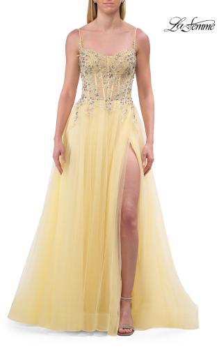 Picture of: Beaded Tulle A-Line Gown with Sheer Corset Bodice in Pale Yellow, Style: 33702, Detail Picture 10