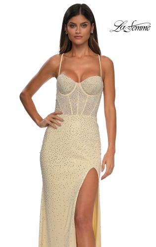Picture of: Long Prom Dress Embellished with Rhinestones and Open Back in Pale Yellow, Style: 32547, Detail Picture 11