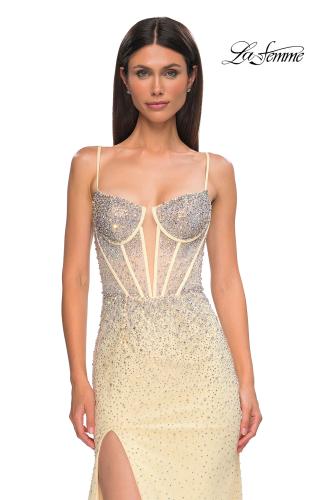 Picture of: Rhinestone Embellished Fitted Prom Dress with Corset and Deep V in Pale Yellow, Style 32717, Detail Picture 11