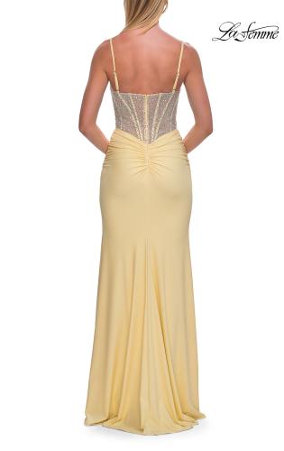 Picture of: Rhinestone Corset Gown with Slit and Ruching in Pale Yellow, Style: 33357, Detail Picture 11