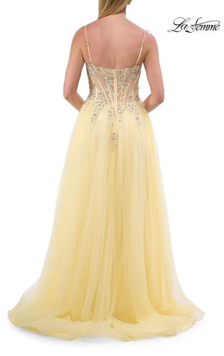 Picture of: Beaded Tulle A-Line Gown with Sheer Corset Bodice in Pale Yellow, Style: 33702, Detail Picture 11