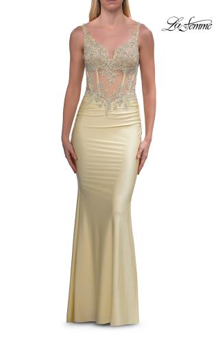 Picture of: Rhinestone Lace Illusion Gown with Low Back in Pale Yellow, Style: 33731, Detail Picture 11