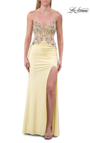 Picture of: Strapless Embellished Corset Gown with High Slit and Lace-Up Back in Pale Yellow, Style: 33761, Detail Picture 11