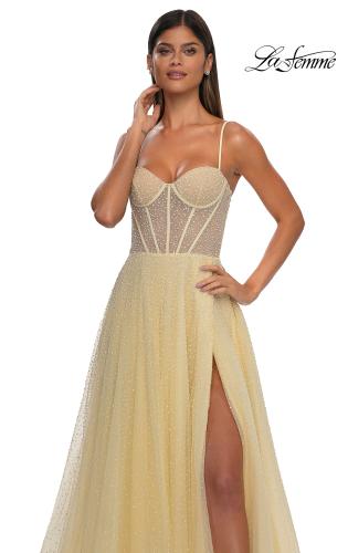 Picture of: Cute A-line Prom Dress with Pearl and Rhinestone Tulle in Pale Yellow, Style: 32644, Detail Picture 12