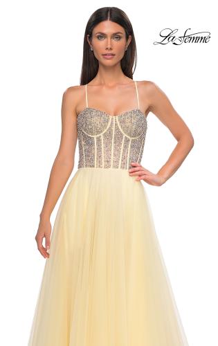 Picture of: Rhinestone Embellished Corset with Lace Up Back and Tulle Skirt in Pale Yellow, Style 32703, Detail Picture 12