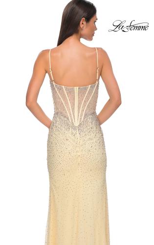 Picture of: Rhinestone Embellished Fitted Prom Dress with Corset and Deep V in Pale Yellow, Style 32717, Detail Picture 12