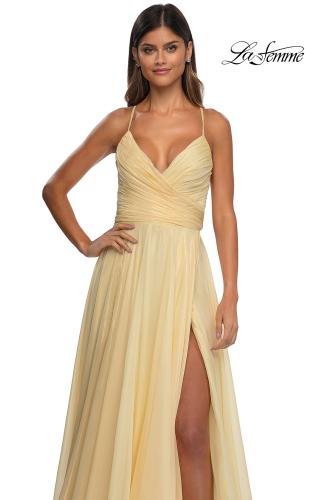 Picture of: Metallic Chiffon Prom Dress with Flowing Skirt and High Slit in Pale Yellow, Style: 33043, Detail Picture 12