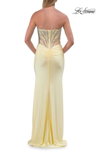 Picture of: Strapless Rhinestone Corset Gown with High Slit and Ruched Back in Pale Yellow, Style: 33509, Detail Picture 12