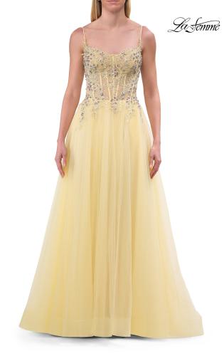 Picture of: Beaded Tulle A-Line Gown with Sheer Corset Bodice in Pale Yellow, Style: 33702, Detail Picture 12