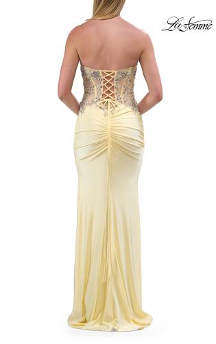 Picture of: Strapless Embellished Corset Gown with High Slit and Lace-Up Back in Pale Yellow, Style: 33761, Detail Picture 12