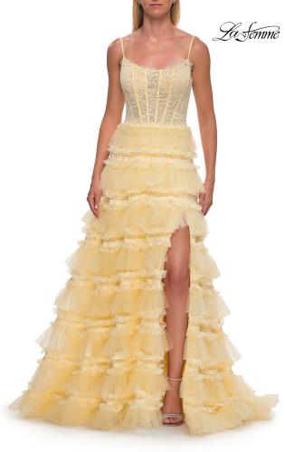 Picture of: Tiered Ruffle Gown with Beaded Bodice and High Slit in Pale Yellow, Style: 33493, Detail Picture 13