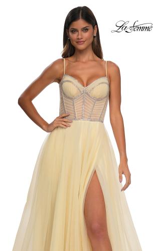 Picture of: Tulle A-line Prom Dress with Rhinestone Detail on Corset Top in Pale Yellow, Style: 32675, Detail Picture 14