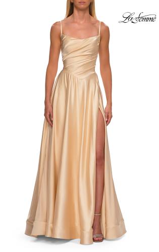 Picture of: A-Line Satin Gown with Draped Bodice, Slit, and Lace-Up Back in Pale Yellow, Style: 33373, Detail Picture 14
