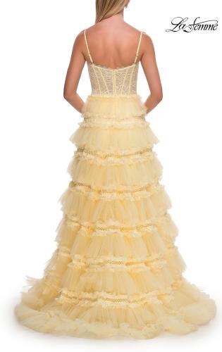 Picture of: Tiered Ruffle Gown with Beaded Bodice and High Slit in Pale Yellow, Style: 33493, Detail Picture 14