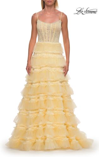Picture of: Tiered Ruffle Gown with Beaded Bodice and High Slit in Pale Yellow, Style: 33493, Detail Picture 15