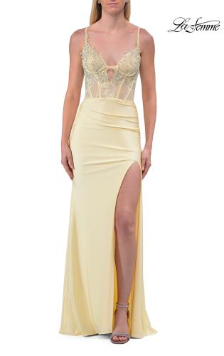 Picture of: Lace Corset Gown with High Slit and Lace-Up Back in Pale Yellow, Style: 33505, Detail Picture 15