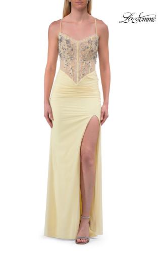 Picture of: Embroidered Corset Gown with Sheer Bodice and High Slit in Pale Yellow, Style: 33783, Detail Picture 15