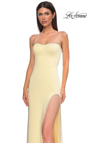 Picture of: Fitted Strapless Dress with Rhinestone Embellished Neckline and Slit in Pale Yellow, Style 32799, Detail Picture 16