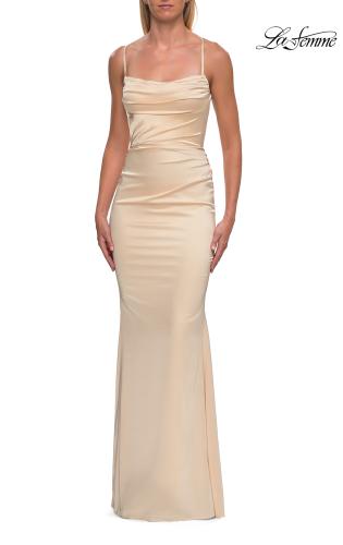 Picture of: Straight Neck Satin Gown with Lace-Up Back in Pale Yellow, Style: 33604, Detail Picture 17