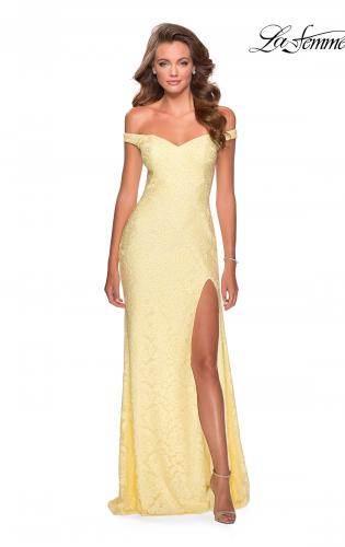 Picture of: Beaded Lace Prom Dress with Off the Shoulder Detail in Pale Yellow, Style: 28301, Back Picture