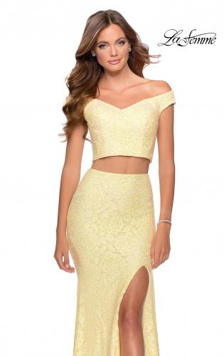 tan and white prom dress