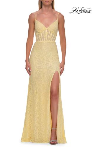 Picture of: Rhinestone Lace Gown with Sheer Bodice and Side Slit in Pale Yellow, Style: 33442, Detail Picture 19