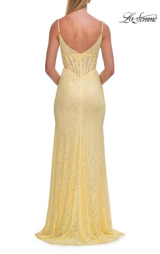 Picture of: Rhinestone Lace Gown with Sheer Bodice and Side Slit in Pale Yellow, Style: 33442, Detail Picture 20