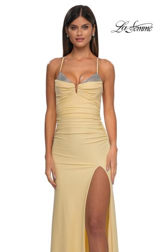 Picture of: Open Back Prom Dress with Rhinestone Detail Neckline in Pale Yellow, Style: 32851, Detail Picture 21