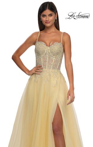 Picture of: Lace and Tulle A-line Prom Dress with High Slit in Pale Yellow, Style: 32646, Detail Picture 23