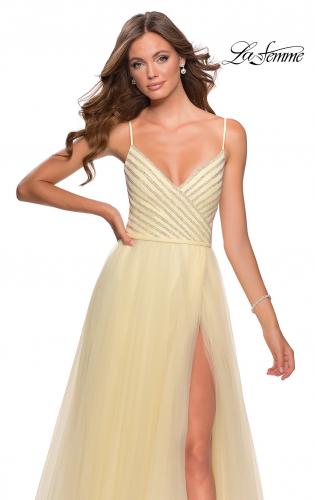 Picture of: Tulle A-line Dress with Patterned Rhinestone Bodice in Pale Yellow, Style: 28511, Detail Picture 1