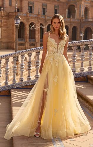 Picture of: Floral Beaded Tulle Gown with Slit and Lace-Up Back in Pale Yellow, Style: 33716, Detail Picture 1