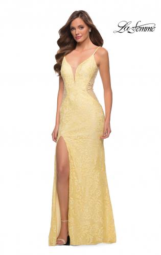Picture of: Chic Long Stretch Lace Gown with Sheer Rhinestone Back in Pale Yellow, Style 29679, Detail Picture 2