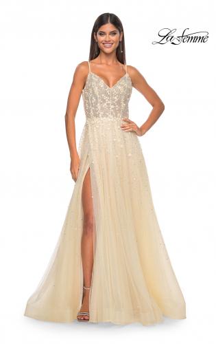 Picture of: A-Line Tulle Gown with Unique Floral and Rhinestone Details in Pale Yellow, Style: 32215, Detail Picture 2