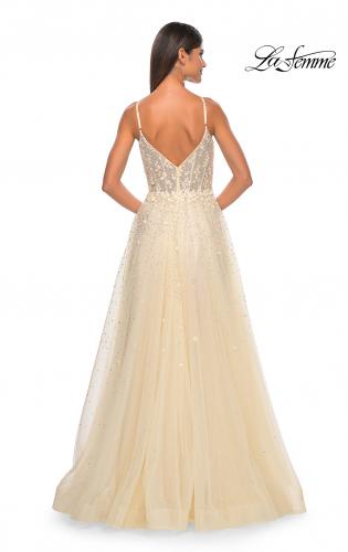 Picture of: A-Line Tulle Gown with Unique Floral and Rhinestone Details in Pale Yellow, Style: 32215, Detail Picture 3