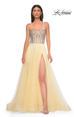 Picture of: Rhinestone Embellished Corset with Lace Up Back and Tulle Skirt in Pale Yellow, Style 32703, Detail Picture 3