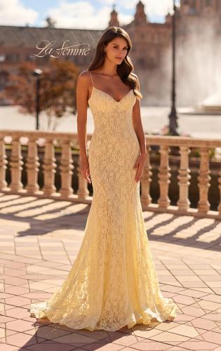 Picture of: Lace Fitted Gown with Sheer Back and Spaghetti Straps in Pale Yellow, Style: 33452, Detail Picture 3