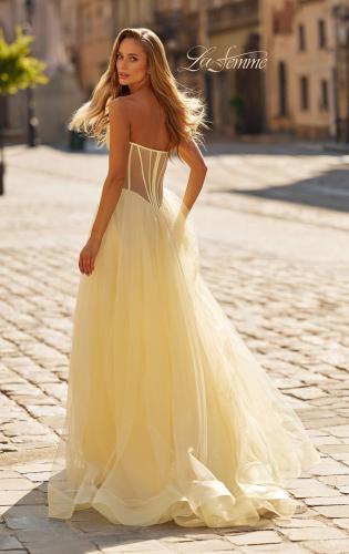 Picture of: Strapless Corset Gown with Tulle Skirt and High Slit in Pale Yellow, Style: 33491, Detail Picture 3