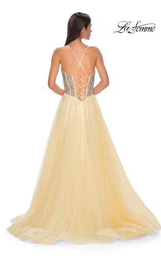 Picture of: Rhinestone Embellished Corset with Lace Up Back and Tulle Skirt in Pale Yellow, Style 32703, Detail Picture 4