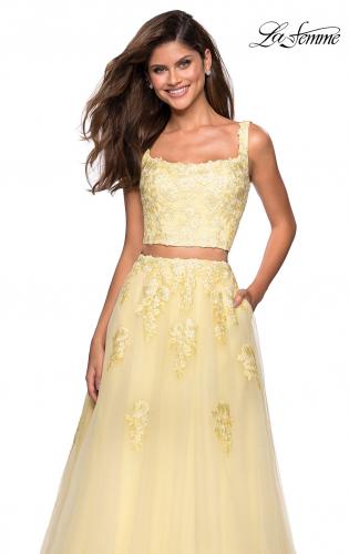 Picture of: Two Piece Floor Length Prom Dress with Lace Detail in Pale Yellow, Style: 27489, Detail Picture 5