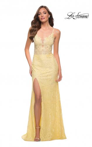 Picture of: Stretch Lace Long Dress with Deep V Neckline in Pale Yellow, Style 29842, Detail Picture 5