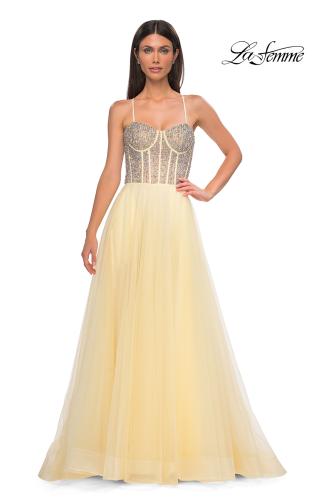 Picture of: Rhinestone Embellished Corset with Lace Up Back and Tulle Skirt in Pale Yellow, Style 32703, Detail Picture 5
