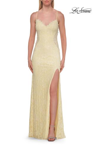 Picture of: Lace Prom Dress with Scalloped Neckline and Open Back in Pale Yellow, Style: 33647, Detail Picture 5