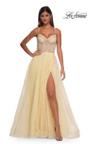 Picture of: Tulle A-line Prom Dress with Rhinestone Detail on Corset Top in Pale Yellow, Style: 32675, Detail Picture 6